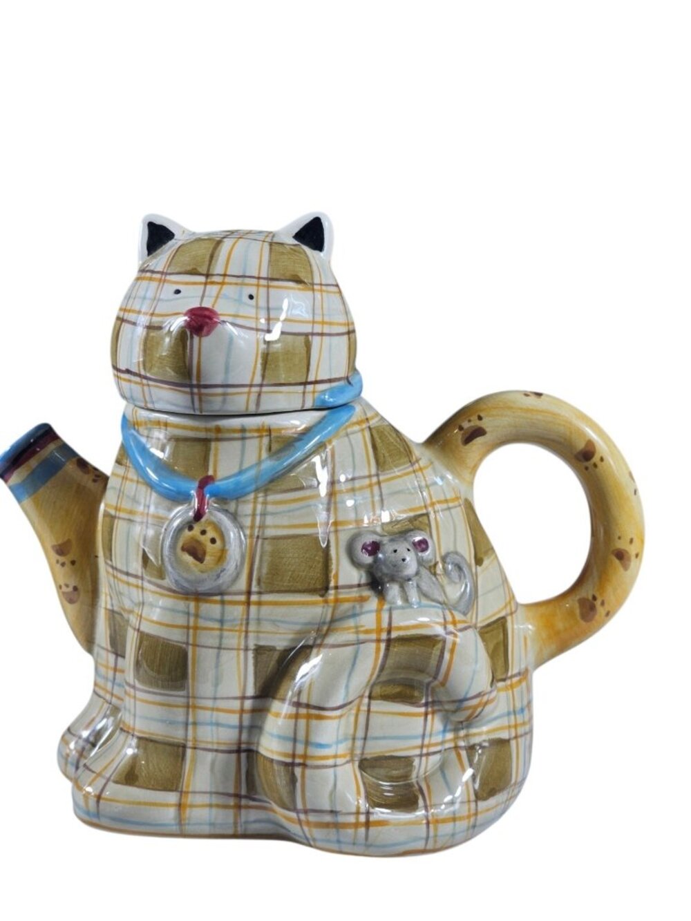 Sakura Plaid Kitty Cat Ceramic Teapot Debbie Mumm Handpainted Kitty Cat Teapot